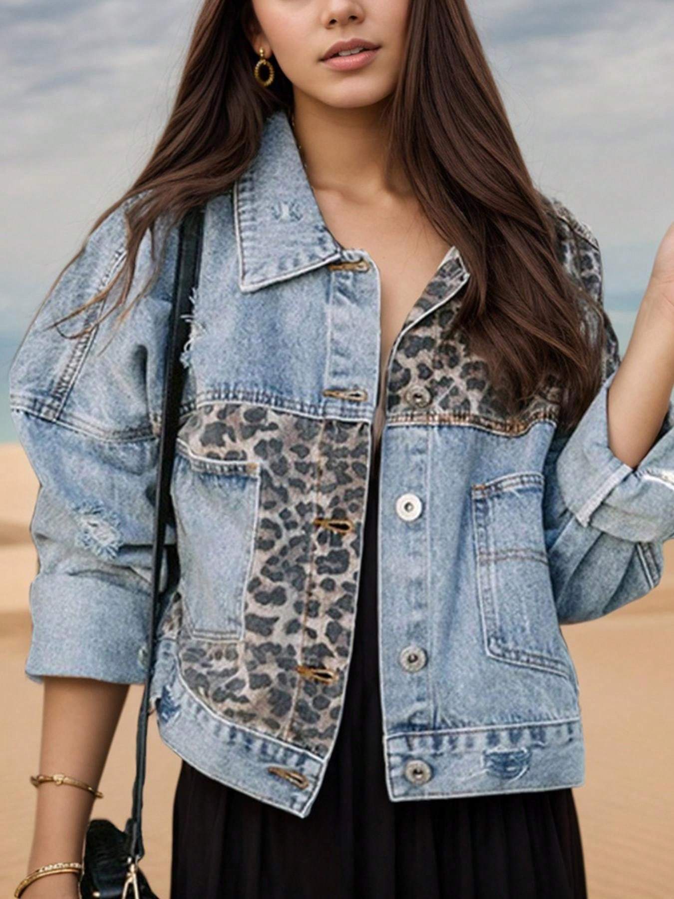 Women's Washed Blue Long Sleeved Denim Jacket, Worn Denim Jacket, Leopard Print Patchwork Short Jacket Top, Women's Clothing